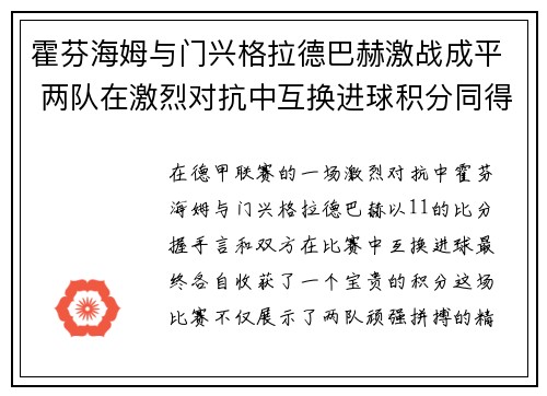 霍芬海姆与门兴格拉德巴赫激战成平 两队在激烈对抗中互换进球积分同得