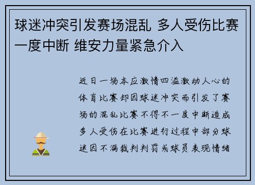 球迷冲突引发赛场混乱 多人受伤比赛一度中断 维安力量紧急介入